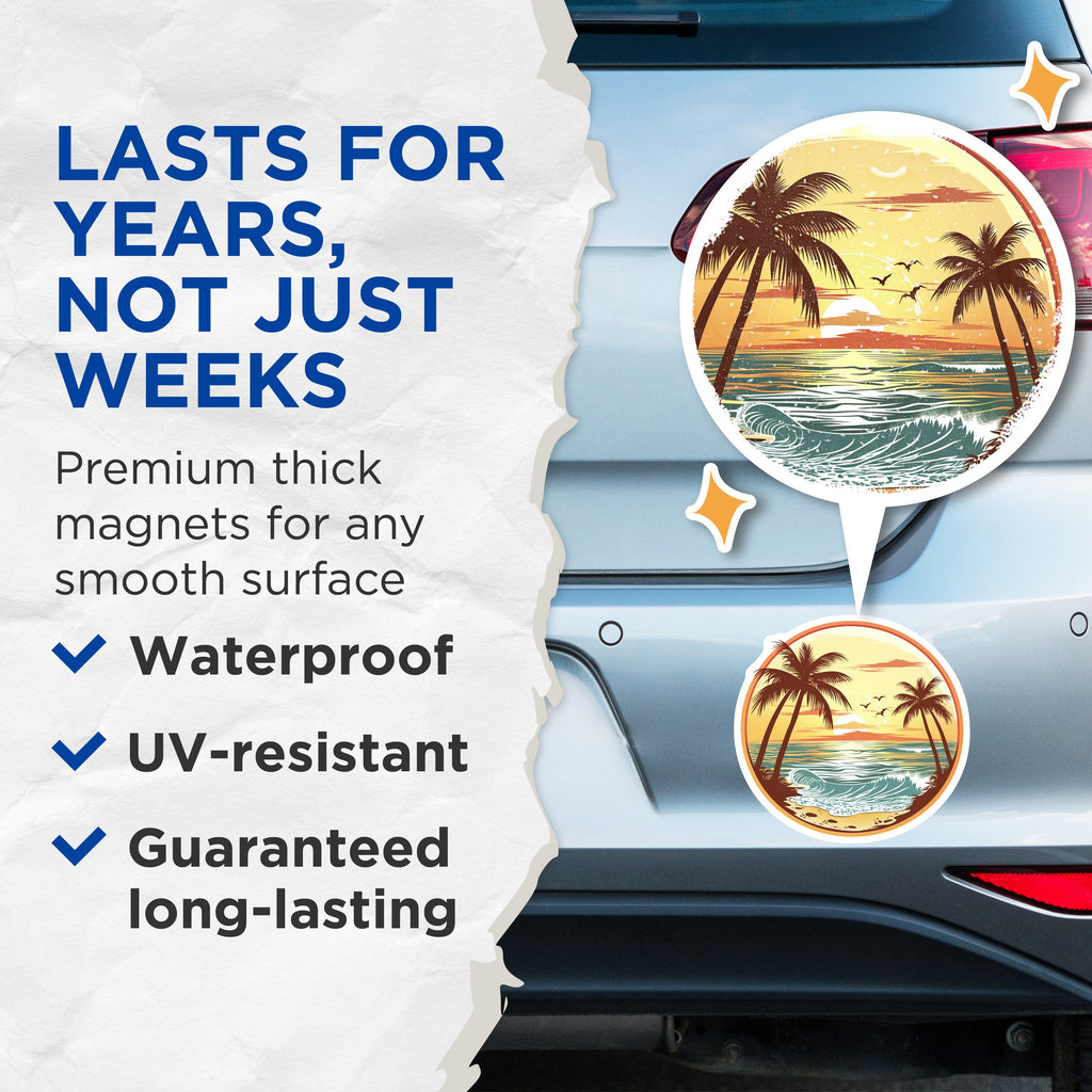 (2 Pack) Tropical Beach Sunset Magnets - Palm Tree Ocean Scene - Coastal Home Refrigerator Decor - 5 Inches On Longest Side - Thick Durable Magnet - Made in USA - MAG36229