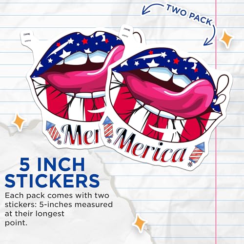 (2 Pack) American Flag Lips Stickers - Patriotic Lips Decal - 4th of July Stickers - 5" On Longest Side - Sticks to Any Smooth Flat Surface - Made in USA - BMCS3603