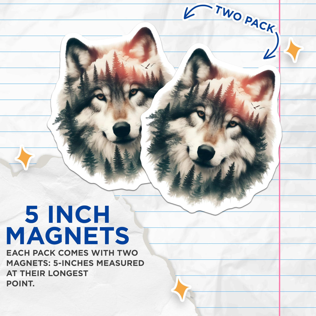 (2 Pack) Wolf Magnets - Forest Animal Decor - Nature Art Refrigerator Magnets - 5" On Longest Side - Premium Magnet - for Cars, Refrigerators, Toolboxes, Lockers - Made in USA - MAG14403