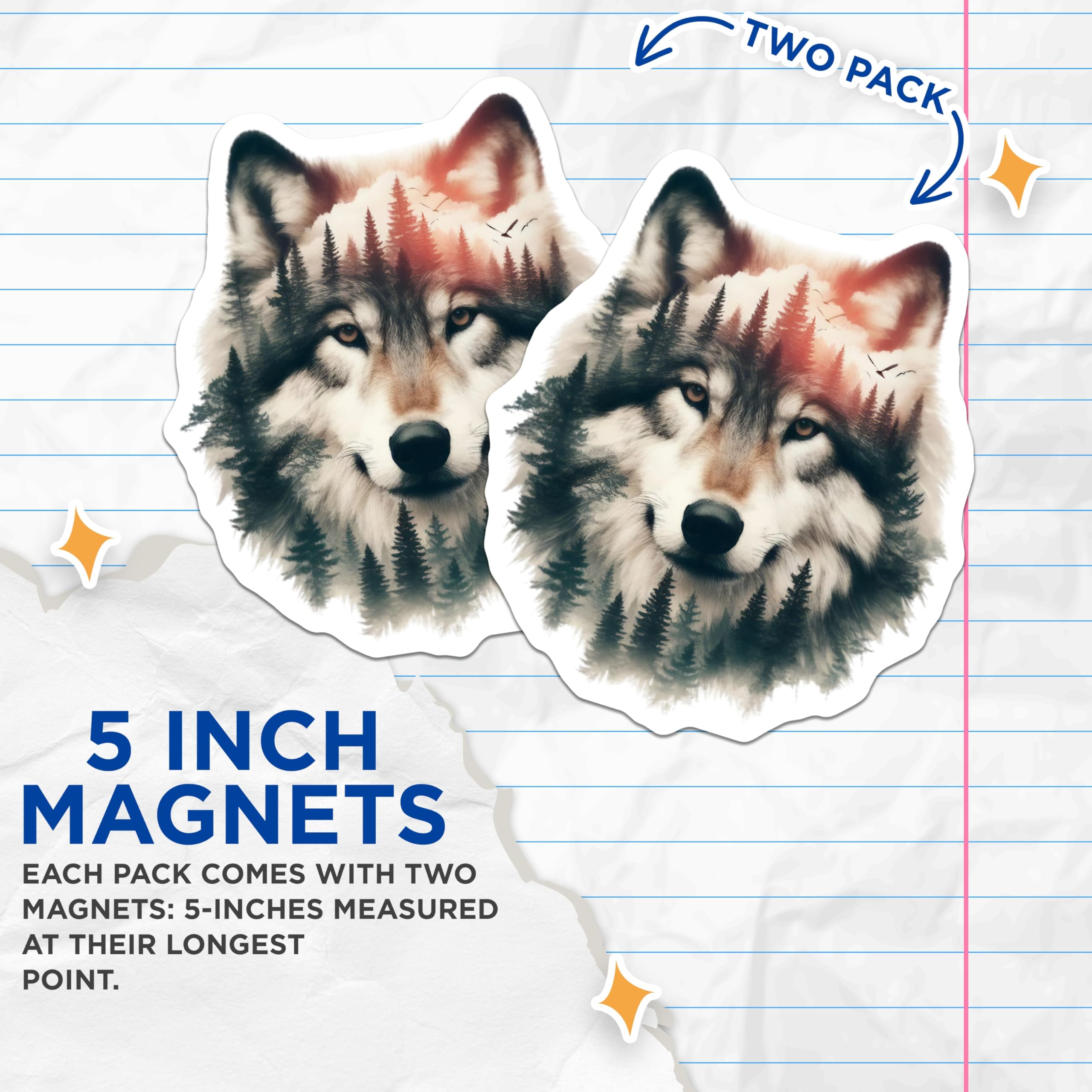 (2 Pack) Wolf Magnets - Forest Animal Decor - Nature Art Refrigerator Magnets - 5" On Longest Side - Premium Magnet - for Cars, Refrigerators, Toolboxes, Lockers - Made in USA - MAG14403