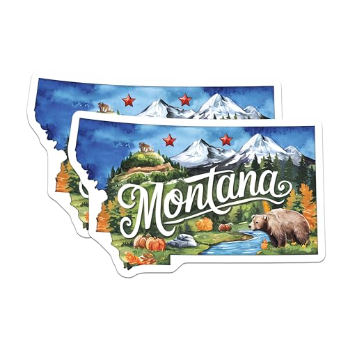 (2 Pack) Montana State Stickers - Nature Landscape - Mountain Bear Sticker Art - 5" On Longest Side - Sticks to Smooth Flat Surfaces - Made in USA - BMCS6303