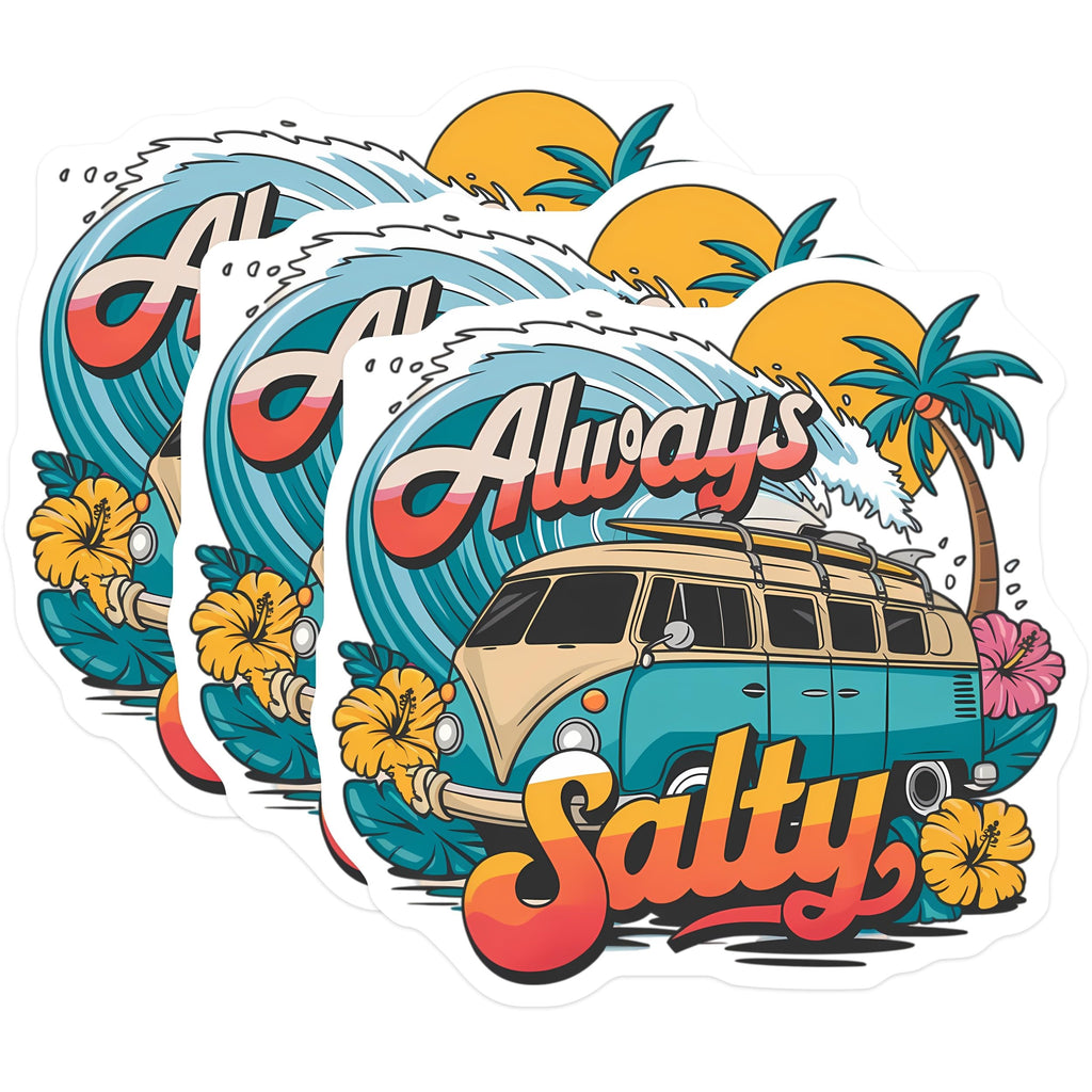(3 Pack) Always Salty Decals - VW Bus - Surfboard - Beach Van Laptop Decal - 3 Inches On Longest Side - Easy Peel & Apply - Made in USA - 3MCS8175