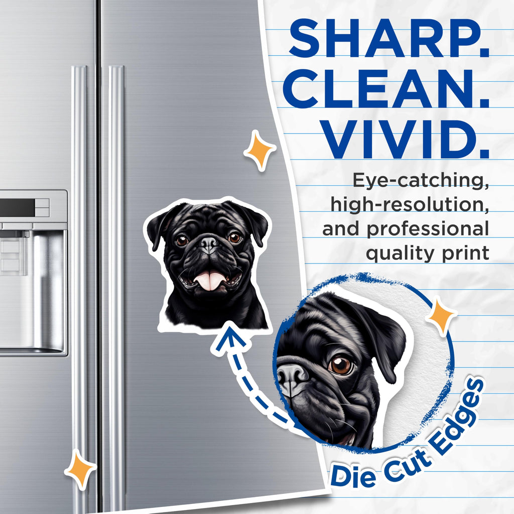(2 Pack) Black Pug Dog Magnets - Cute Happy Pug Face Artwork - Pet Owner Animal Lover Kitchen Decor Accent - 5 Inches On Longest Side - Thick Durable Magnet - Made in USA - MAG28513