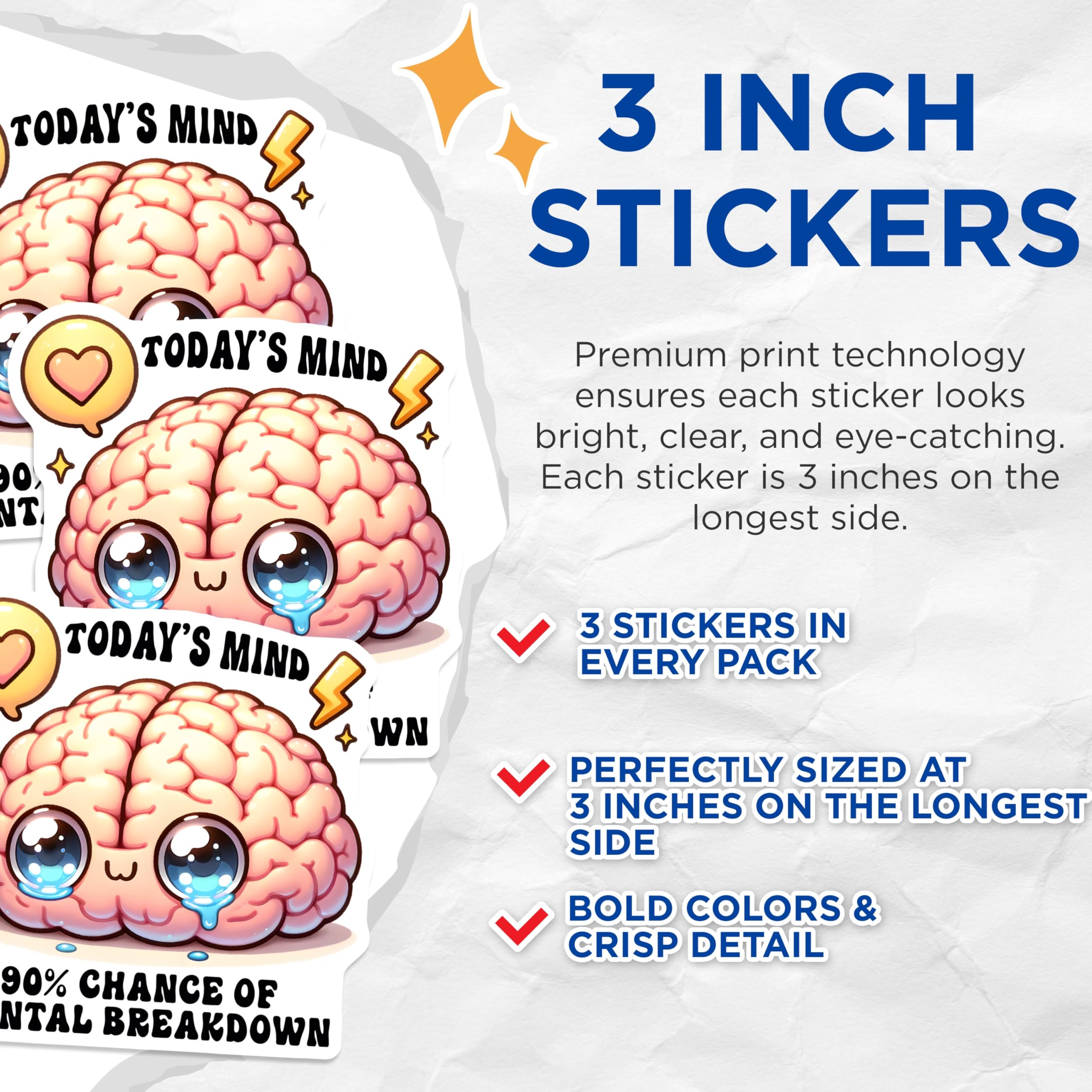 (3 Pack) Mental Breakdown Decals - Cute Brain Sticker - Funny Meme Sticker - 3 Inches On Longest Side - Easy Peel & Apply - Made in USA - 3MCS7016