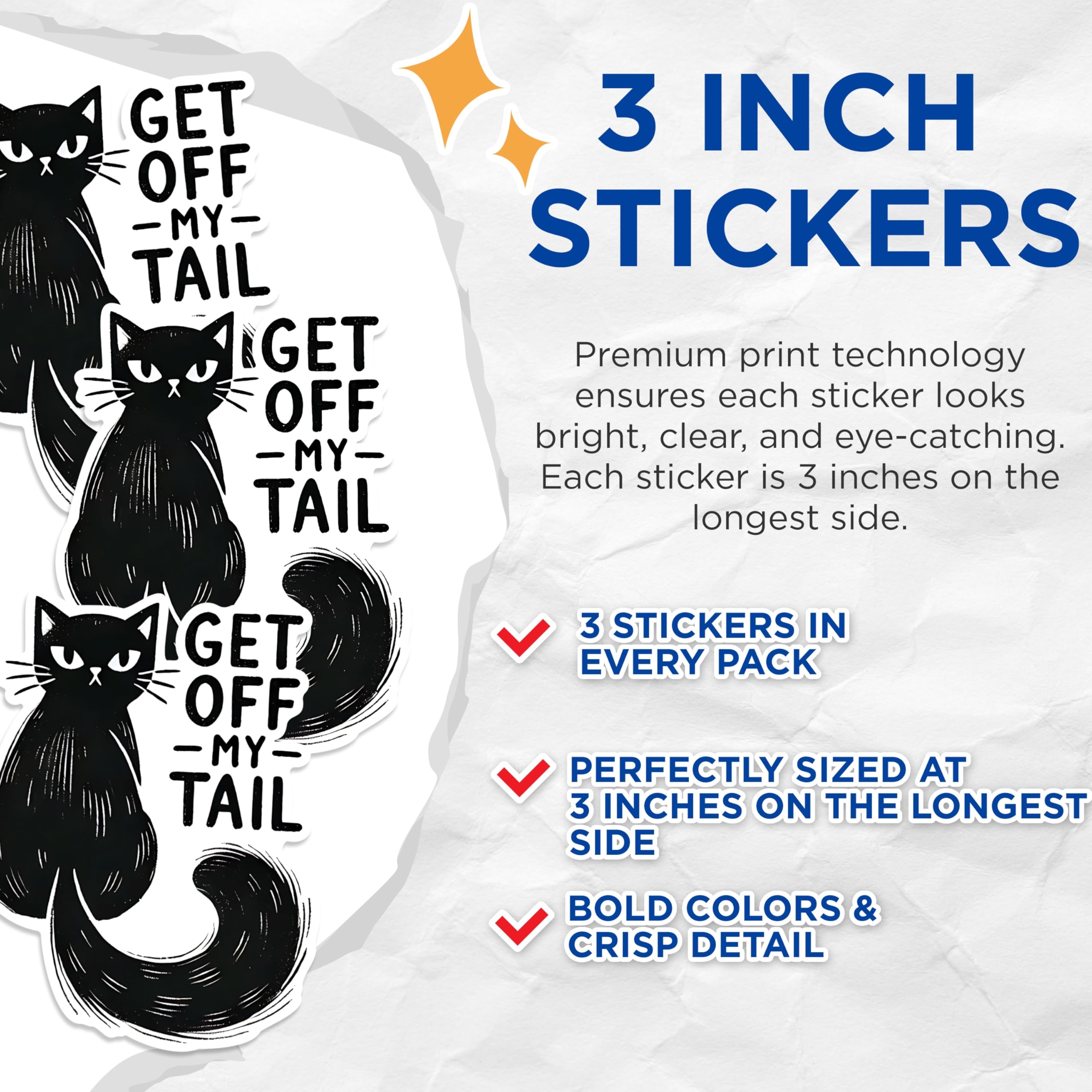 (3 Pack) Black Cat Decals - Get Off My Tail - Sarcastic Cat Laptop Decal - 3 Inches On Longest Side - Easy Peel & Apply - Made in USA - 3MCS1597