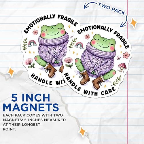 (2 Pack) Emotionally Fragile Handle with Care Magnets - Cute Frog Cartoon - Inspirational Fridge ation - 5" On Longest Side - for Cars, Fridges, Toolboxes - Made in USA - MAG3719