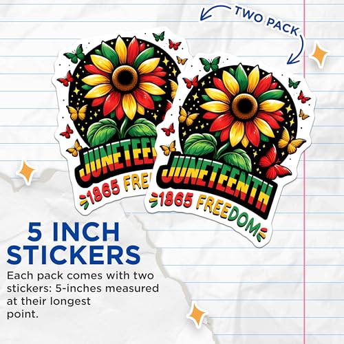 (2 Pack) Juneteenth 1865 Freedom Stickers - Bright Sunflower Butterfly - Cultural Celebratory - 5" On Longest Side - Sticks to Smooth Flat Surfaces - Made in USA - BMCS7372