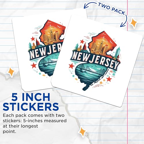 (2 Pack) New Jersey Travel Stickers - Cityscape Stickers - State Pride Art Stickers - 5" On Longest Side - Sticks to Smooth Flat Surfaces - Made in USA - BMCS5218
