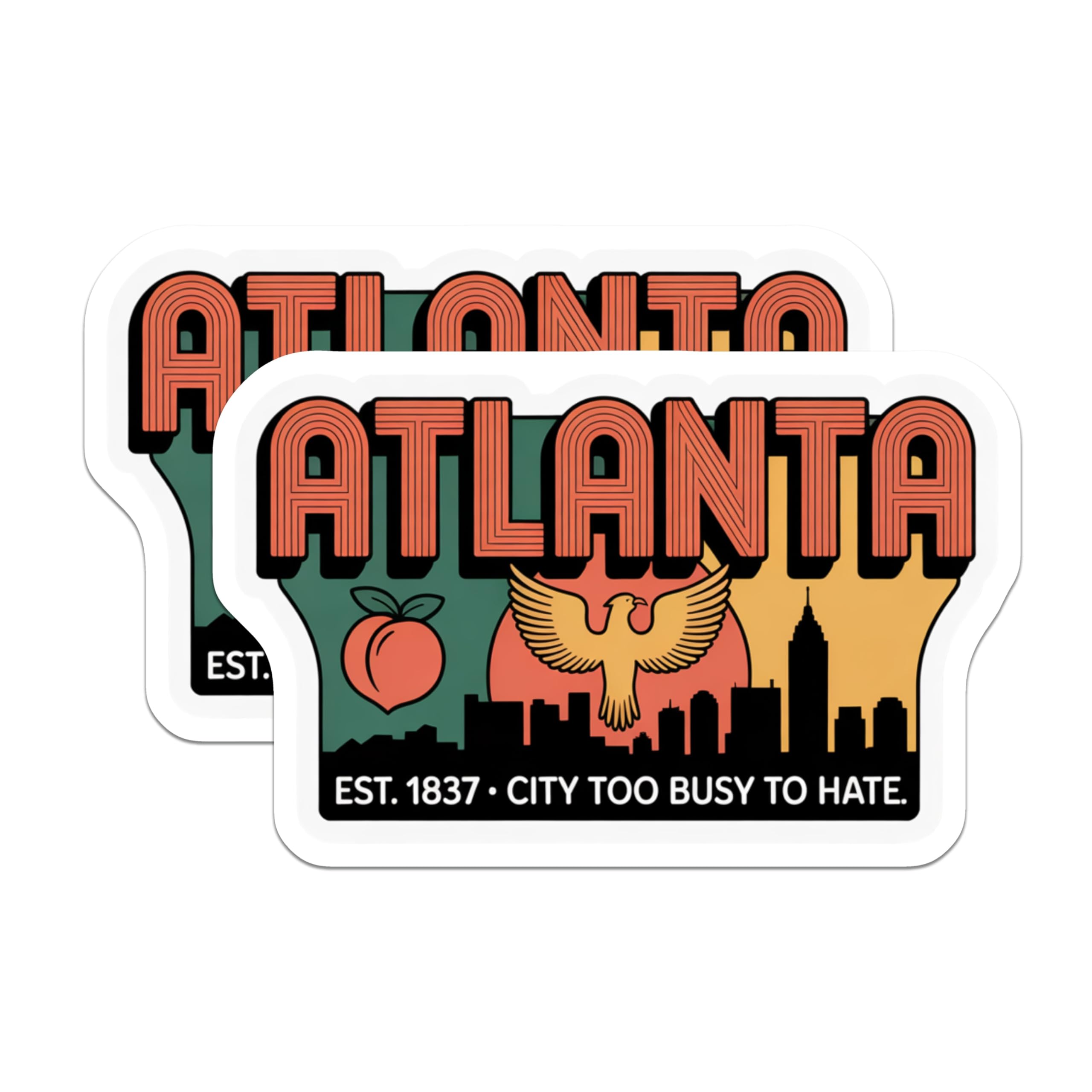 (2 Pack) Atlanta Georgia Stickers - Cityscape Travel Souvenir - Peach State Pride - 5" On Longest Side - Sticks to Smooth Flat Surfaces - Made in USA - BMCS17530