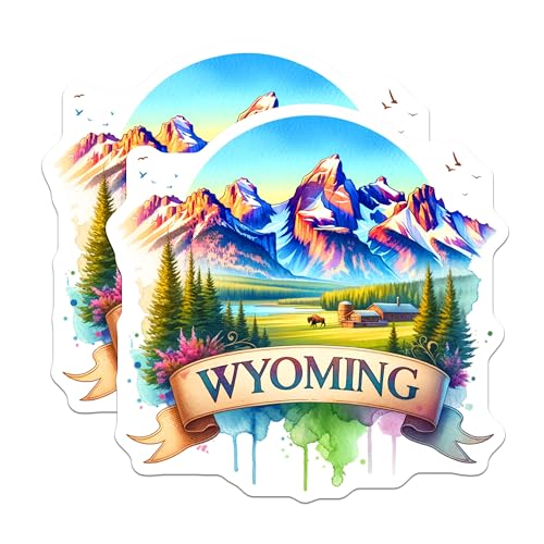 (2 Pack) Wyoming Landscape Stickers - Nature Mountain Range - Travel Destination Decal - 5" On Longest Side - Sticks to Smooth Flat Surfaces - Made in USA - BMCS6598