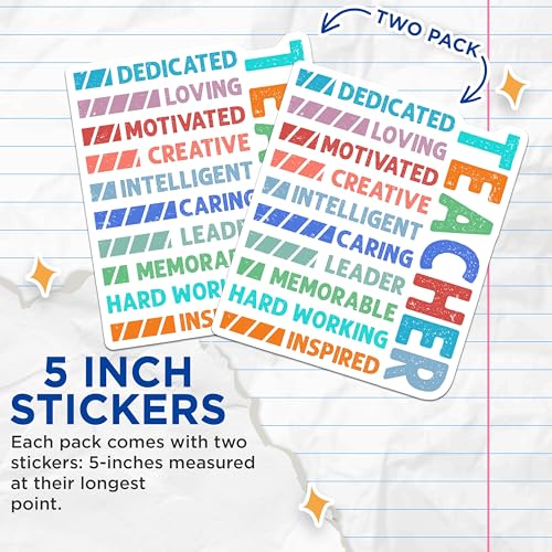(2 Pack) Teacher Appreciation Stickers - Dedicated Loving Motivated Creative - Intelligent Caring Leader - 5" On Longest Side - Sticks to Smooth Flat Surfaces - Made in USA - BMCS5789