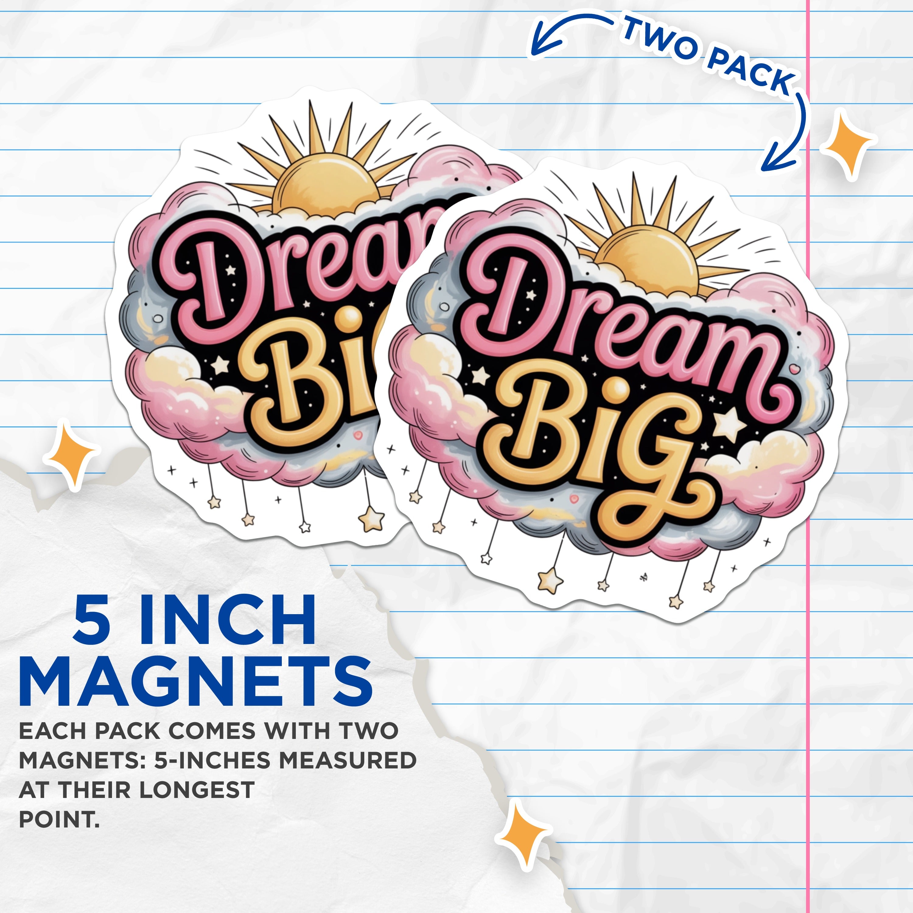 (2 Pack) Dream Big Magnets - Inspirational Quote Decor - Aesthetic Pink Cloud Celestial Sun Star Art - Motivational Vision Board - 5" - Durable Magnet - Made in USA - MAG38337