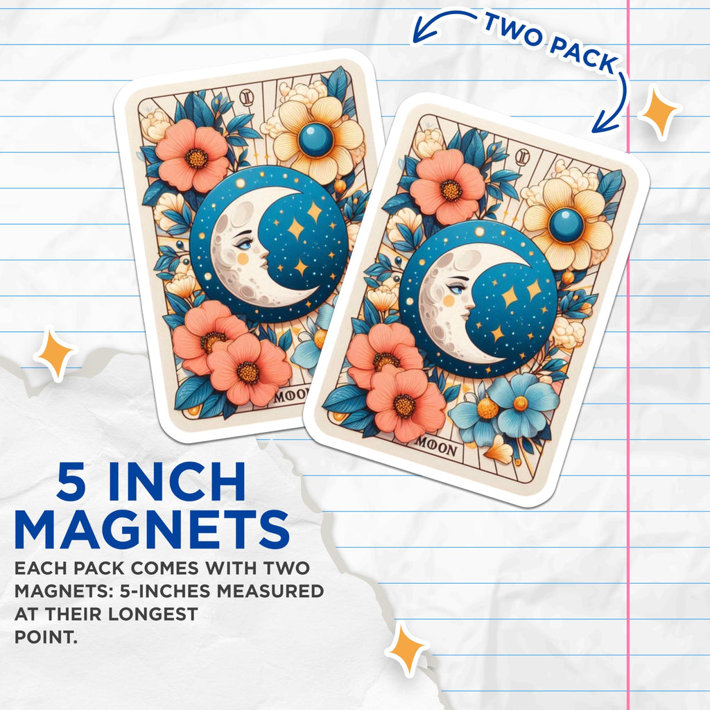 (2 Pack) Moon Tarot Card Magnets - Celestial Floral Decor - Mystical Aesthetic Fridge Magnets - 5 Inches On Longest Side - Thick Durable Magnet - Made in USA - MAG21343