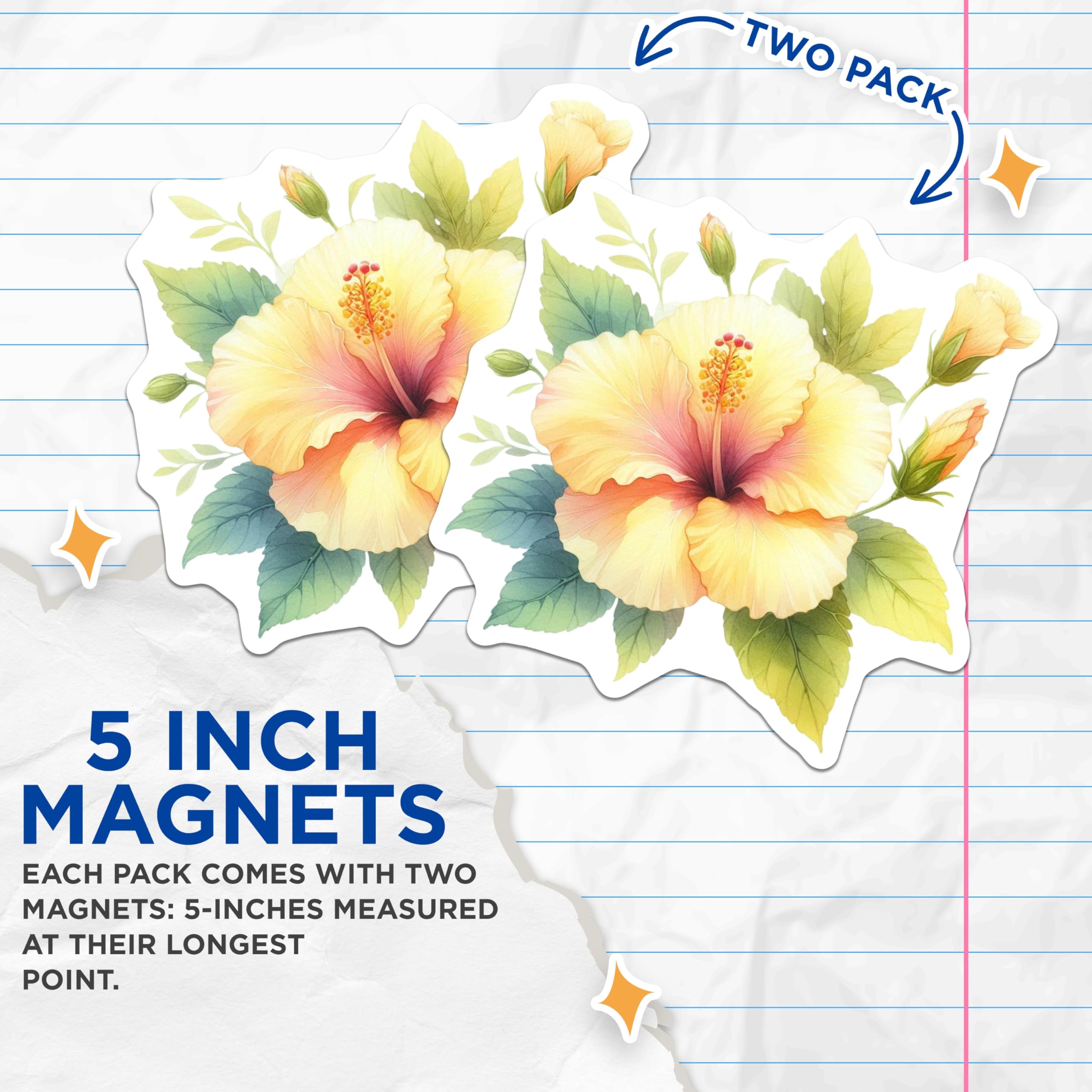 (2 Pack) Yellow Hibiscus Magnets - Tropical Flower Decor - Botanical Fridge Magnets - 5 Inches On Longest Side - Thick Durable Magnet - Made in USA - MAG21929