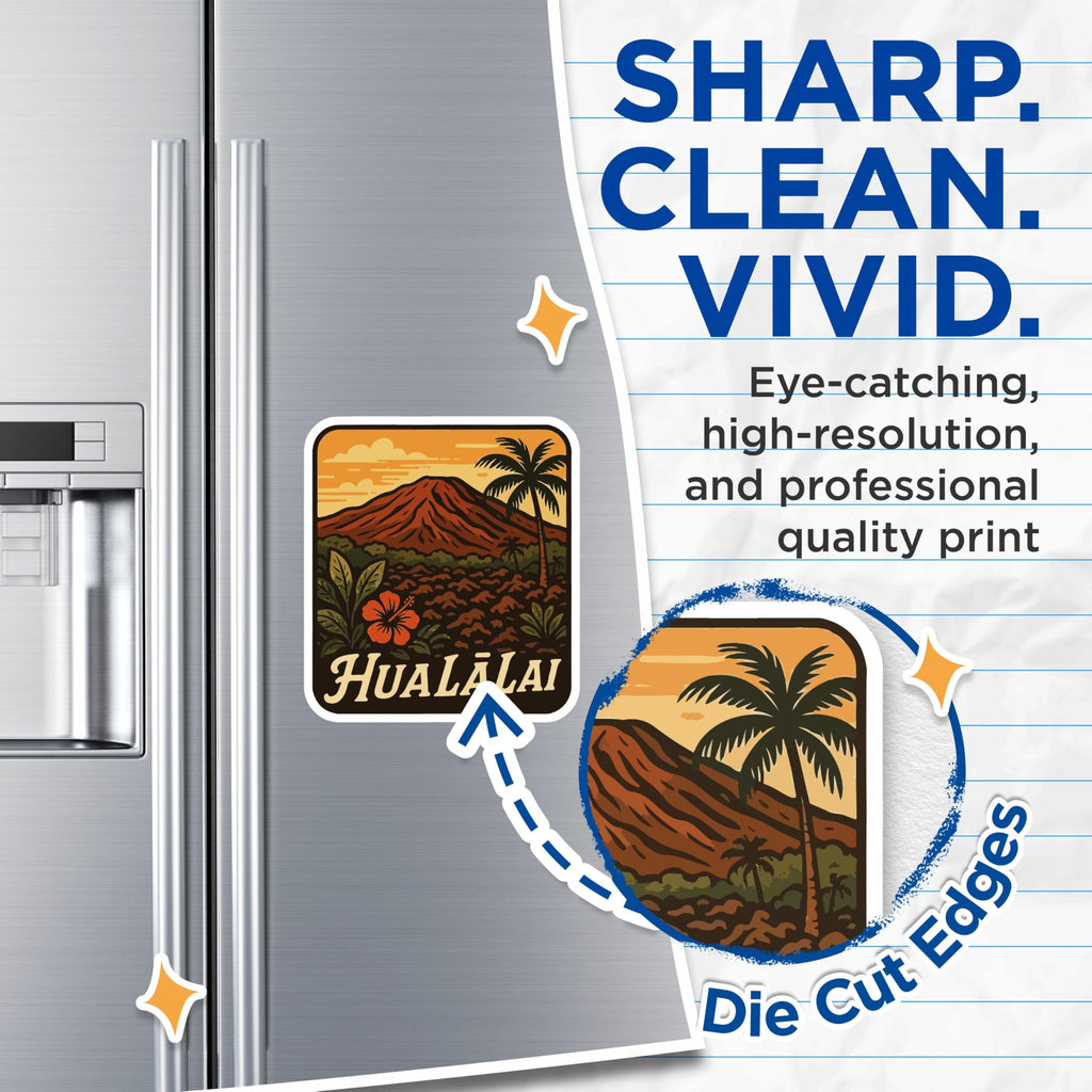 (2 Pack) Hualalai Volcano Magnets - Hawaii Island Scenery - Tropical Landscape Art - Retro Hibiscus Palm Decor - 5 Inches On Longest Side - Thick Durable Magnet - Made in USA - MAG19530