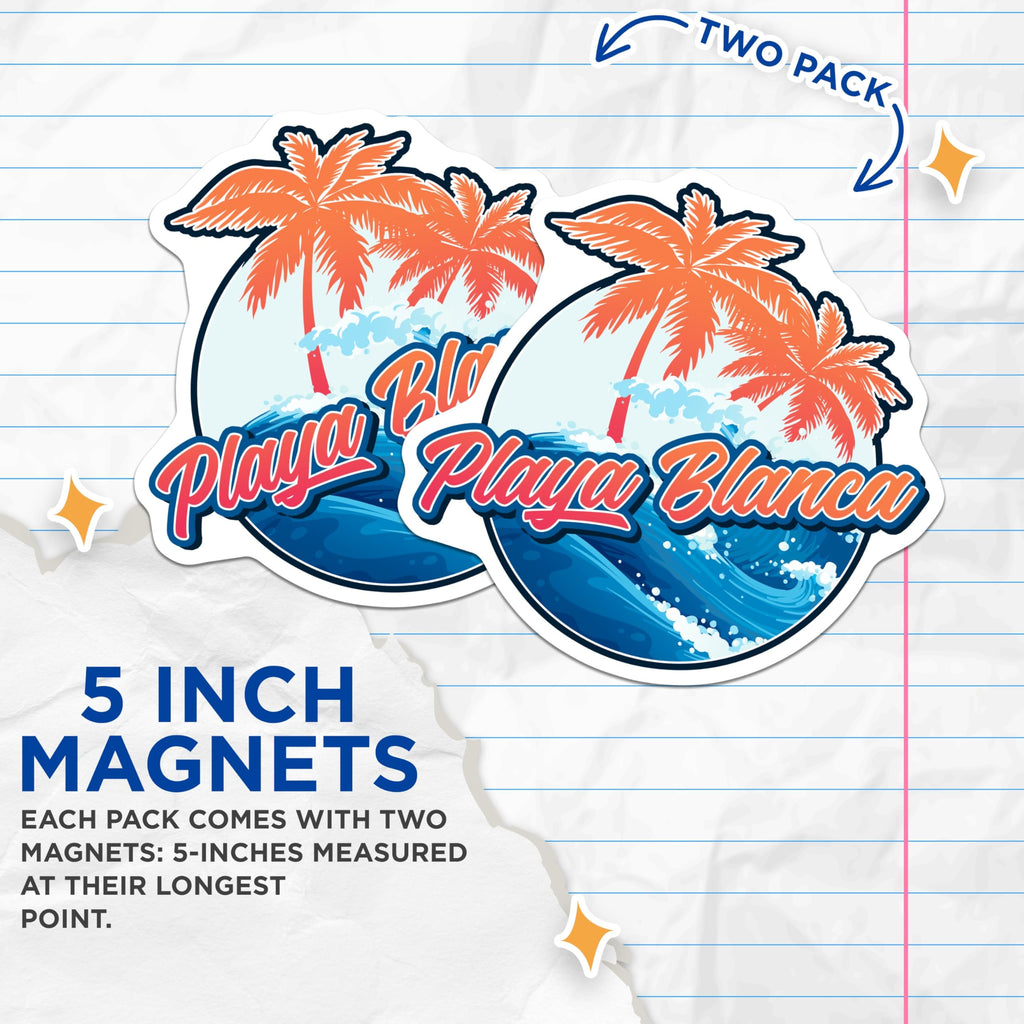 (2 Pack) Playa Blanca Magnets - Tropical Beach Vacation - Palm Tree Ocean Waves Decor - 5 Inches On Longest Side - Thick Durable Magnet - Made in USA - MAG19157