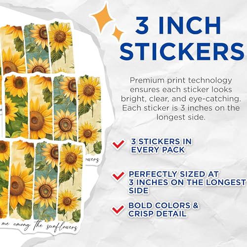 (3 Pack) Sunflower Decals - Floral Laptop Decals - Find Me Among The Sunflowers - Stickers - 3 Inches On Longest Side - Easy Peel & Apply - Made in USA - 3MCS8215