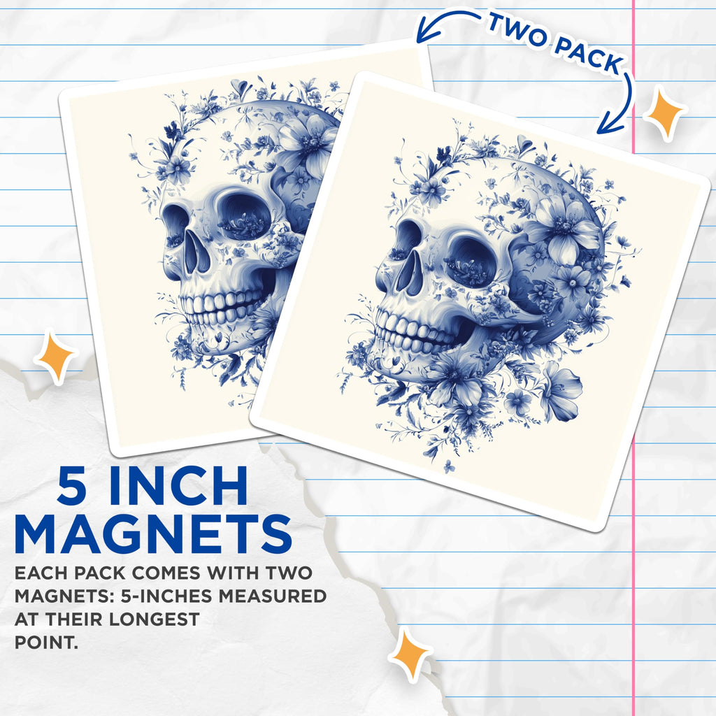(2 Pack) Floral Skull Magnets - Chintz Blue Skeleton - Gothic Botanical Decor Art - 5 Inches On Longest Side - Thick Durable Magnet - Made in USA - MAG23877