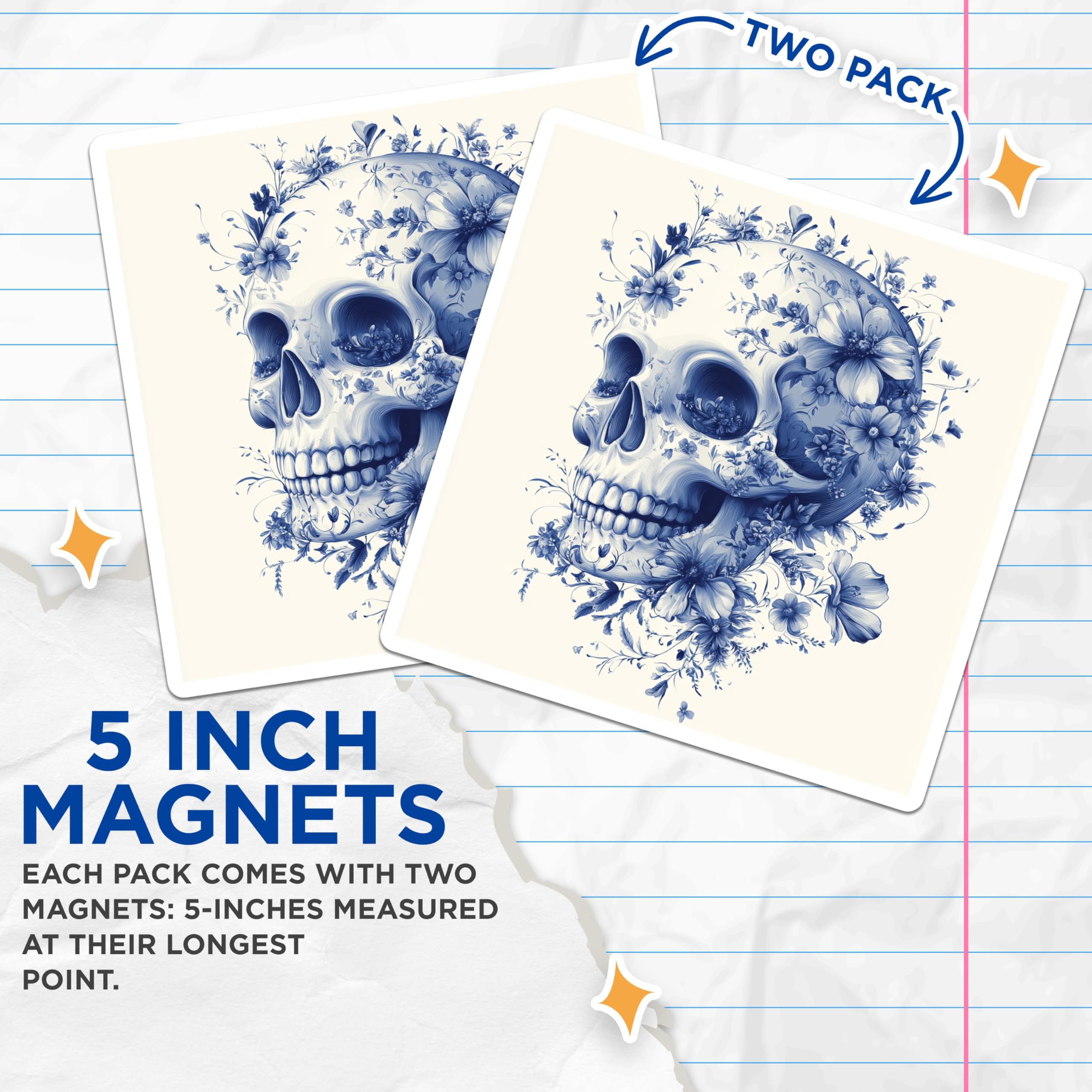 (2 Pack) Floral Skull Magnets - Chintz Blue Skeleton - Gothic Botanical Decor Art - 5 Inches On Longest Side - Thick Durable Magnet - Made in USA - MAG23877