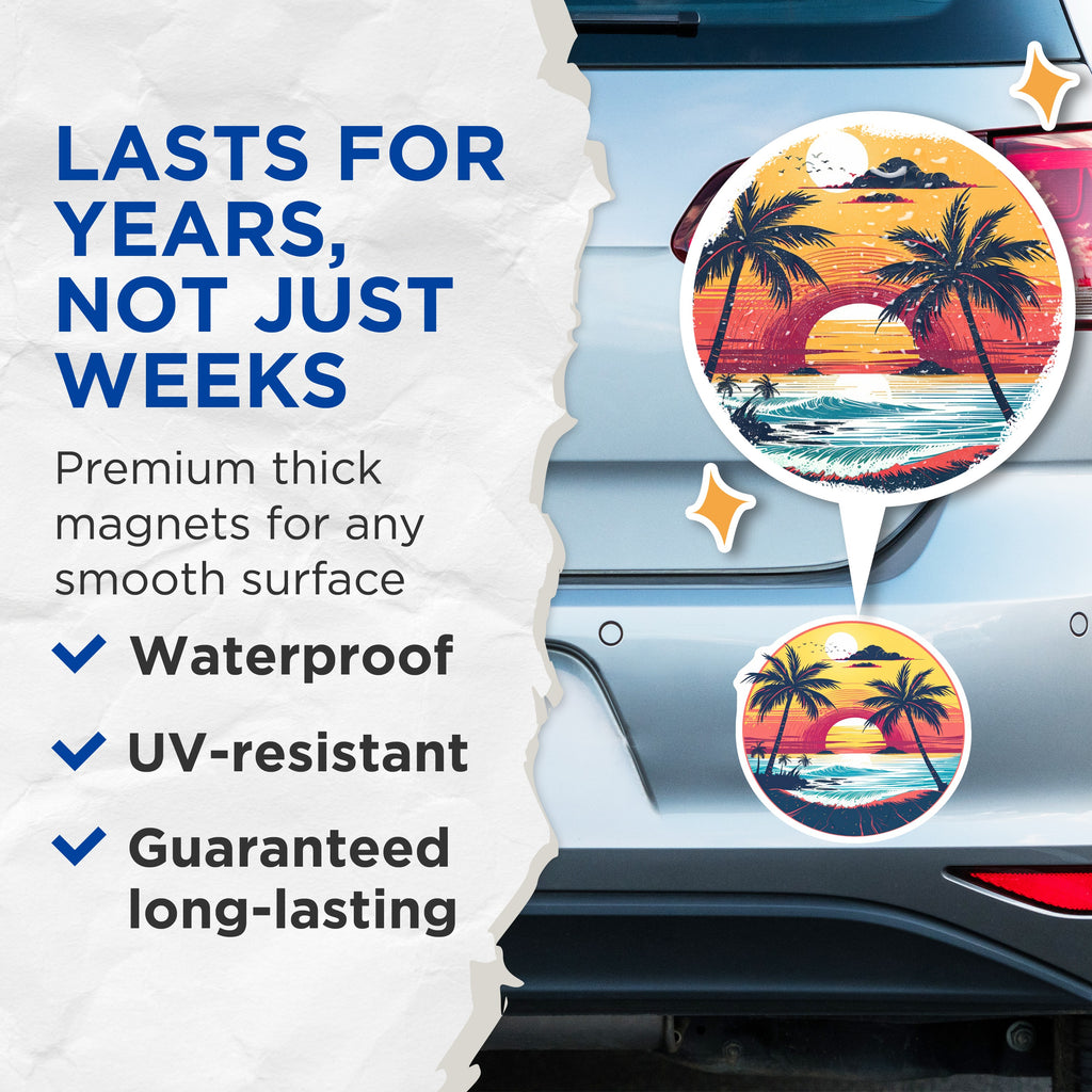 (2 Pack) Tropical Sunset Magnets - Palm Tree Beach Scene - Vintage Vacation Vibe Fridge Locker - 5 Inches On Longest Side - Thick Durable Magnet - Made in USA - MAG36283