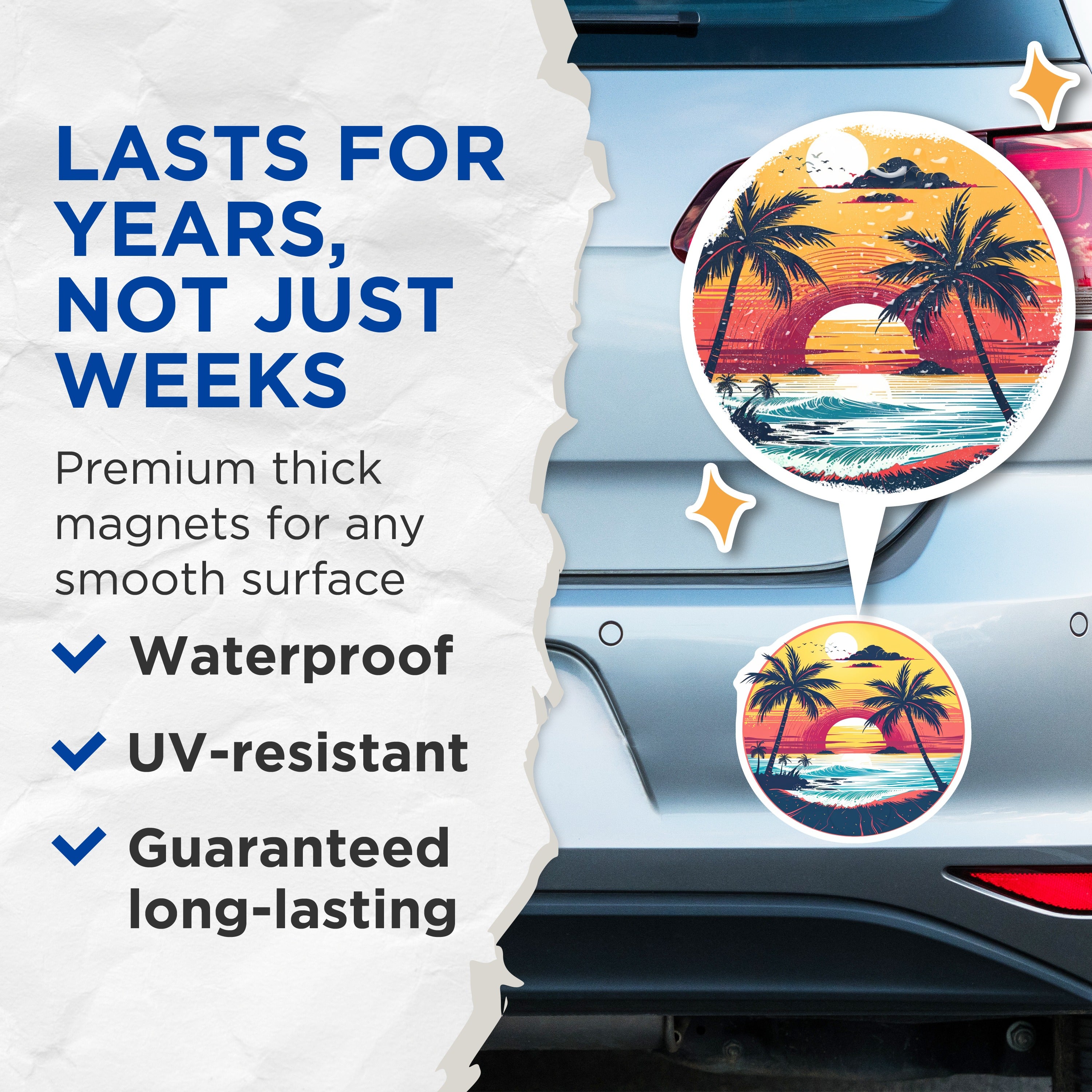 (2 Pack) Tropical Sunset Magnets - Palm Tree Beach Scene - Vintage Vacation Vibe Fridge Locker - 5 Inches On Longest Side - Thick Durable Magnet - Made in USA - MAG36283