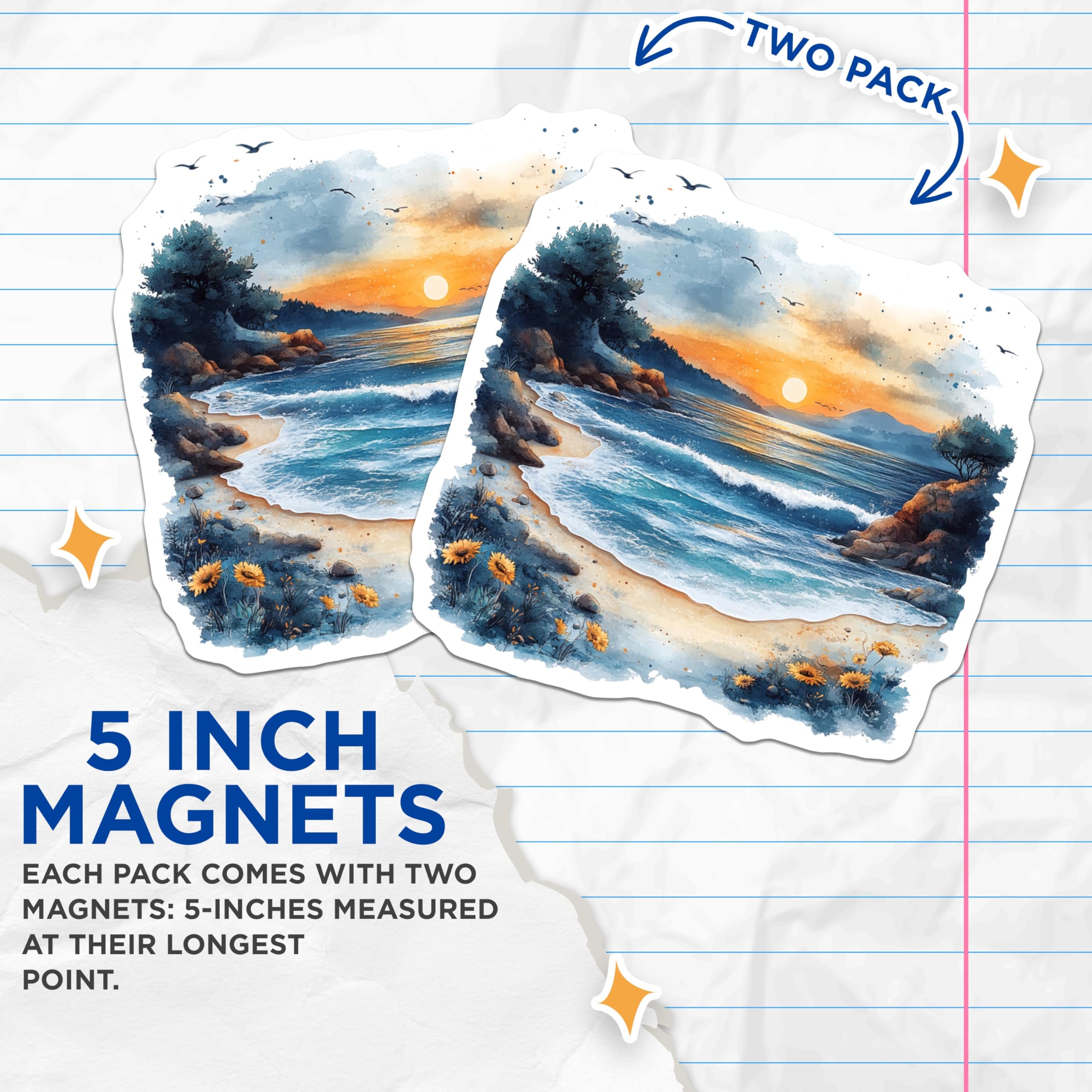 (2 Pack) Coastal Sunset Beach Magnets - Ocean Wave Watercolor Art - Serene Nature Landscape Decor - Peaceful Scene - 5 Inches On Longest Side - Thick Durable Magnet - Made in USA - MAG29446
