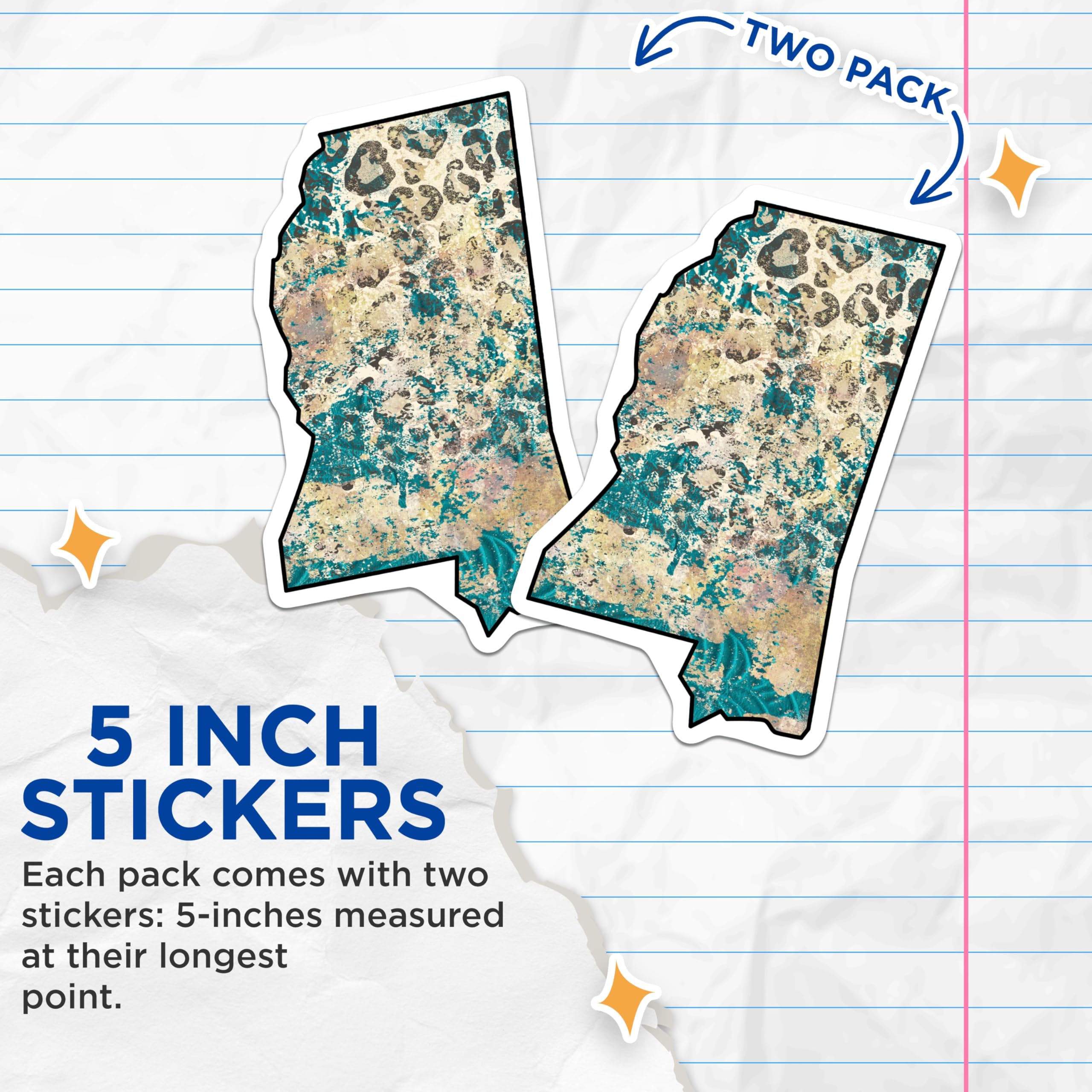 (2 Pack) Mississippi State Stickers - Leopard Print - Teal Grunge Texture Stickers - 5" On Longest Side - Sticks to Smooth Flat Surfaces - Made in USA - BMCS18960
