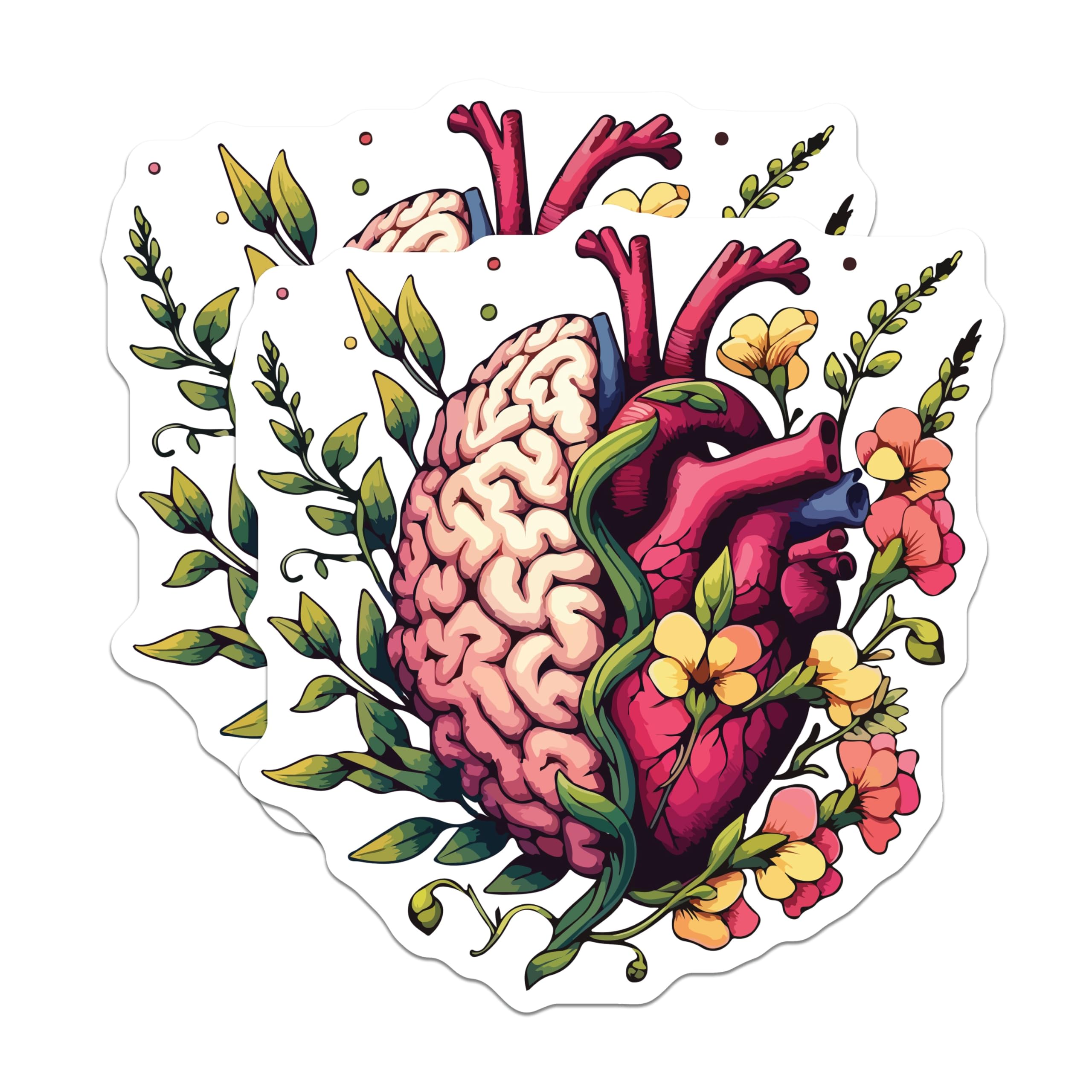 (2 Pack) Brain Heart Magnets - Mind Body Harmony Art - Anatomical Floral Design - 5 Inches On Longest Side - Thick Durable Magnet - Made in USA - MAG19888