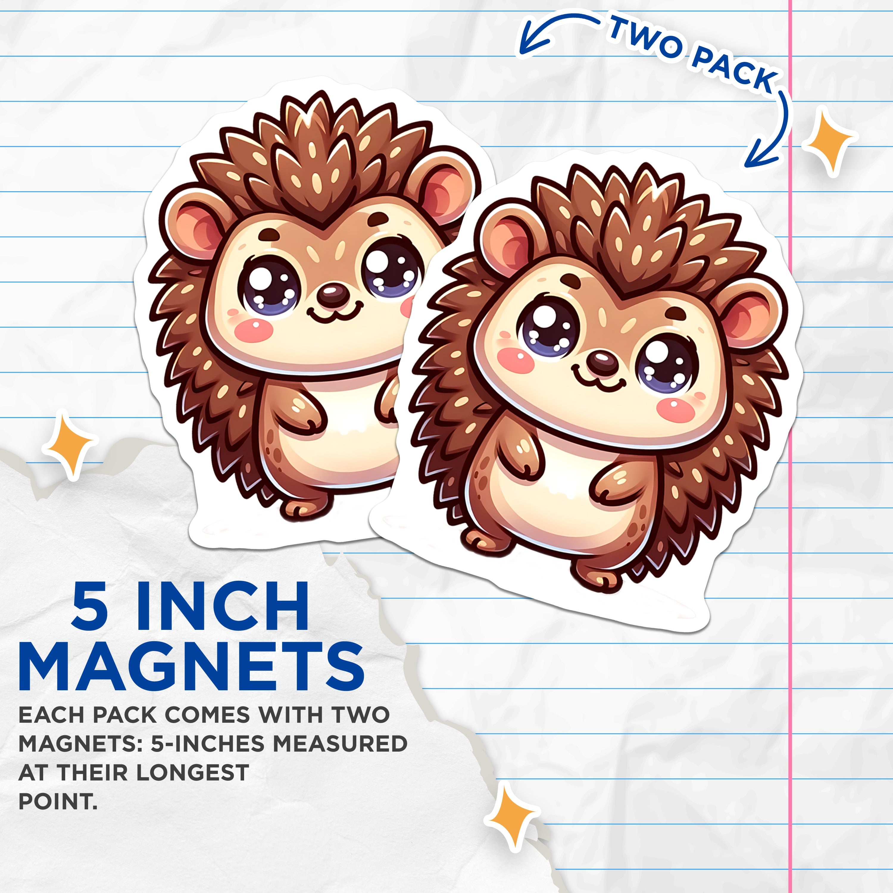 (2 Pack) Cute Hedgehog Magnets - Kawaii Animal Lover - Refrigerator Locker Decor - 5 Inches On Longest Side - Thick Durable Magnet - Made in USA - MAG38894