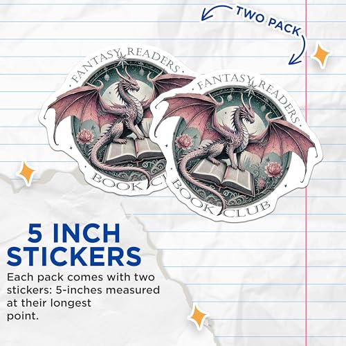 (2 Pack) Fantasy Readers Book Club Stickers - Dragon Magic - Bookish Art - 5" On Longest Side - Sticks to Smooth Flat Surfaces - Made in USA - BMCS7194