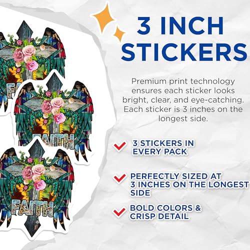 (3 Pack) Faith Decals - Floral Wings Decals - Religious Stickers - 3 Inches On Longest Side - Easy Peel & Apply - Made in USA - 3MCS4794