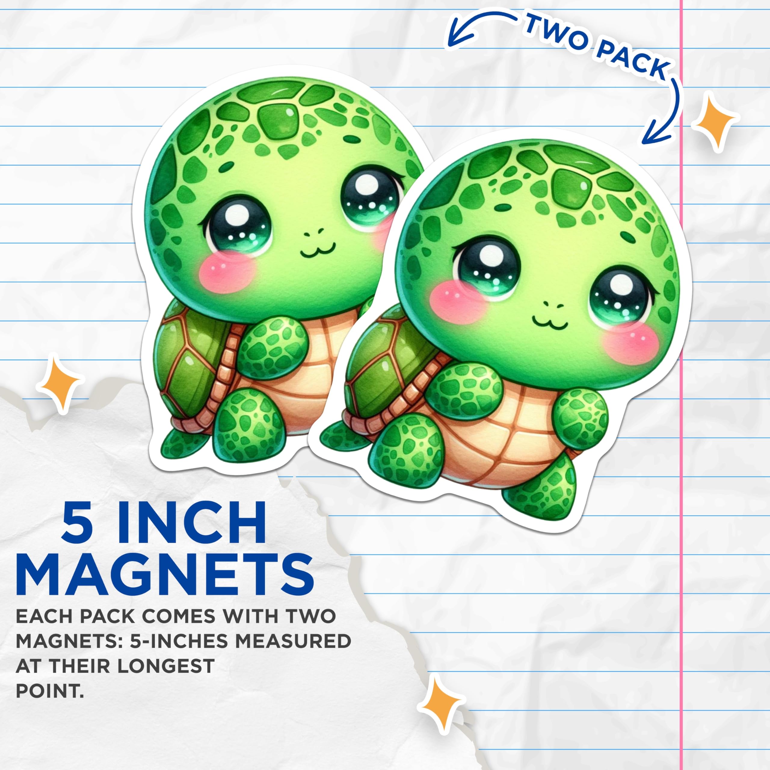 (2 Pack) Cute Kawaii Turtle Magnets - Adorable Baby Animal Refrigerator Decor - Green Ocean Creature Magnetic Set - 5 Inches On Longest Side - Thick Durable Magnet - Made in USA - MAG22150