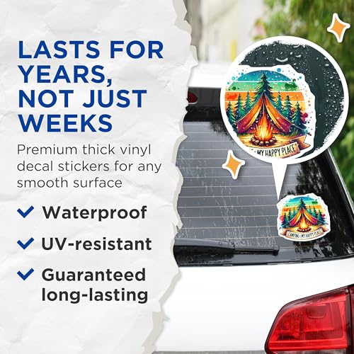 (2 Pack) Camping is My Happy Place Stickers - Camping Tent Scene - Forest Campfire - Outdoor Adventure - 5" On Longest Side - Sticks to Smooth Flat Surfaces - Made in USA - BMCS6606