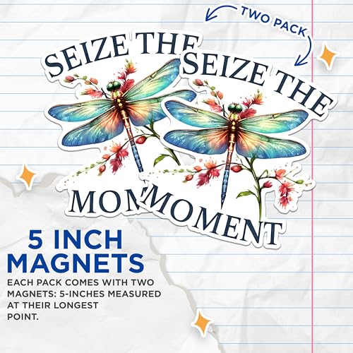 (2 Pack) Seize The Moment Magnets - Inspirational Dragonfly Magnets - Floral Design Decorative Magnets- 5" On Longest Side - for Fridges, Toolboxes, Cars - Made in USA - MAG2682