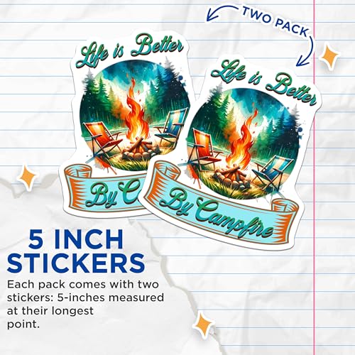 (2 Pack) Life is Better by Campfire Stickers - Outdoor Adventure - Campfire Scene - Nature Inspired Sticker - 5" On Longest Side - Sticks to Smooth Flat Surfaces - Made in USA - BMCS6804