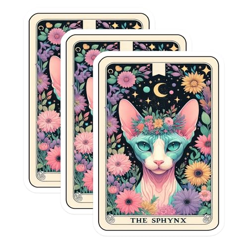 (3 Pack) Sphynx Cat Decals - Tarot Card Decal - Floral Cat Laptop Decal - 3 Inches On Longest Side - Easy Peel & Apply - Made in USA - 3MCS4087