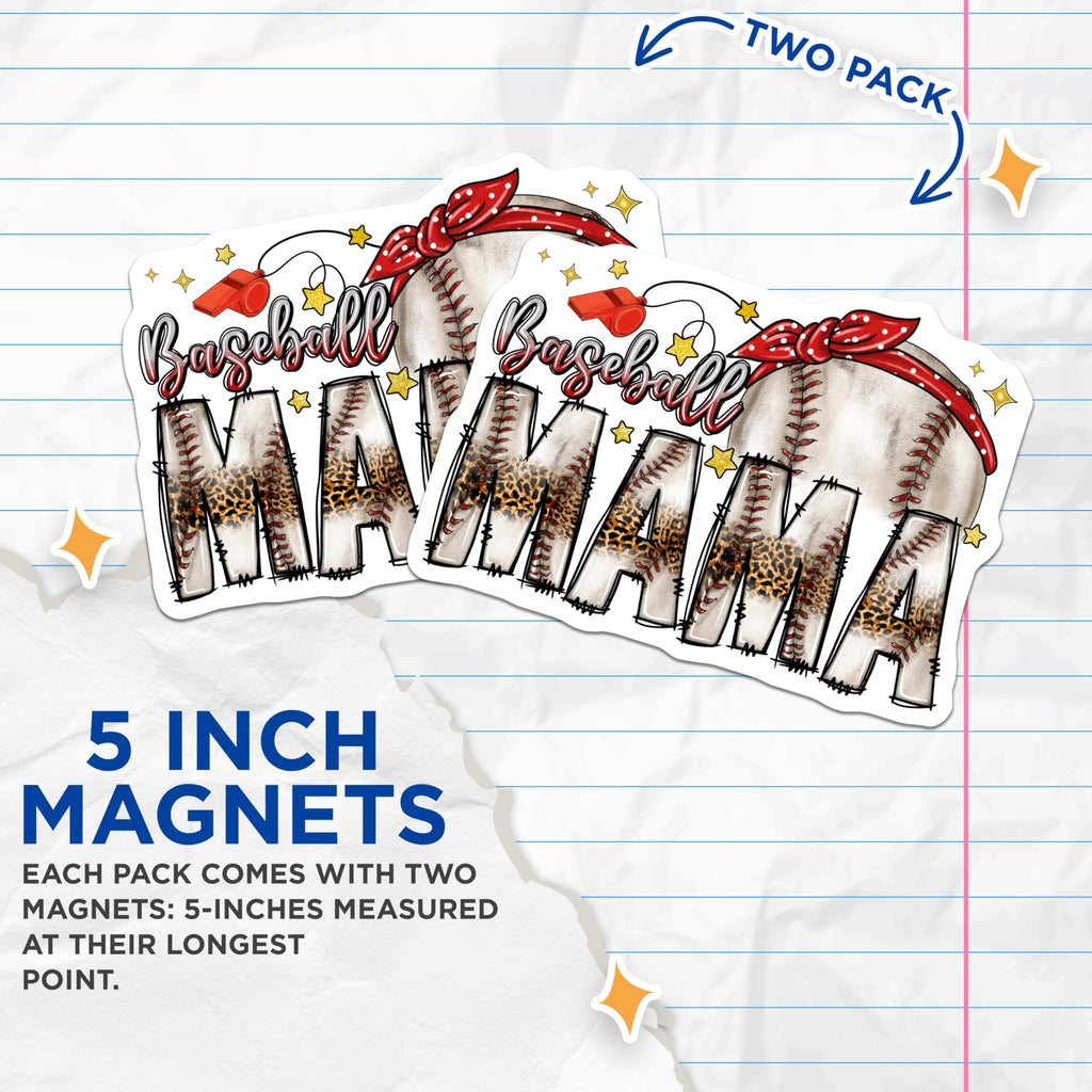 (2 Pack) Baseball Mama Magnets - Leopard Print Game Day Refrigerator Decor - Sports Mom Team Supporter Locker Accessory - 5 Inches On Longest Side - Thick Durable Magnet - Made in USA - MAG29944