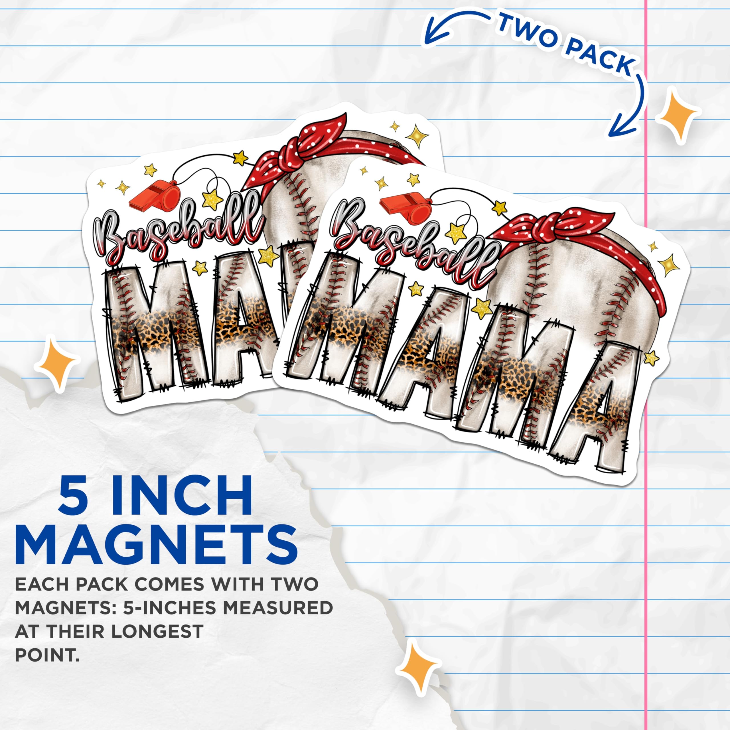 (2 Pack) Baseball Mama Magnets - Leopard Print Game Day Refrigerator Decor - Sports Mom Team Supporter Locker Accessory - 5 Inches On Longest Side - Thick Durable Magnet - Made in USA - MAG29944
