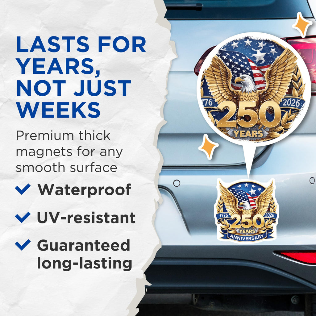 (2 Pack) 250th Anniversary USA Magnets - Patriotic Eagle American Flag - 1776 2026 Bicentennial Decor - 5 Inches On Longest Side - Thick Durable Magnet - Made in USA - MAG26691
