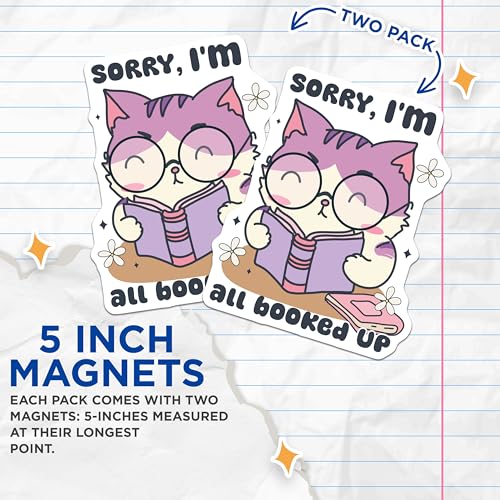 (2 Pack) Cute Cat Reading Magnets - Funny Cat Decor - Book Lover Gift Magnets - Cute Desk Accessory - Cat Reading Humor - 5" On Longest Side - for Cars, Fridges, Toolboxes - Made in USA - MAG7039