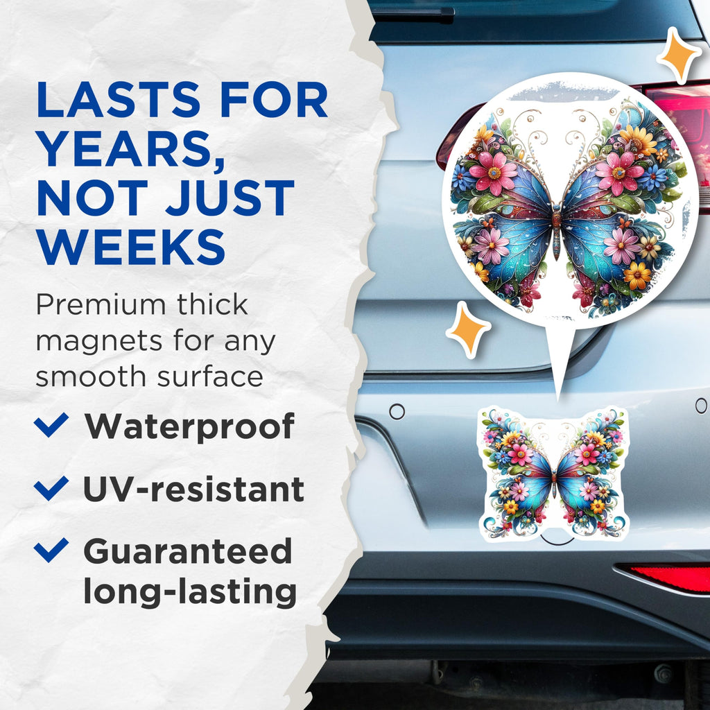 (2 Pack) Butterfly Flower Magnets - Floral Insect Decor - Decorative Fridge Magnets - 5" On Longest Side - Premium Magnet - for Cars, Refrigerators, Toolboxes, Lockers - Made in USA - MAG16434