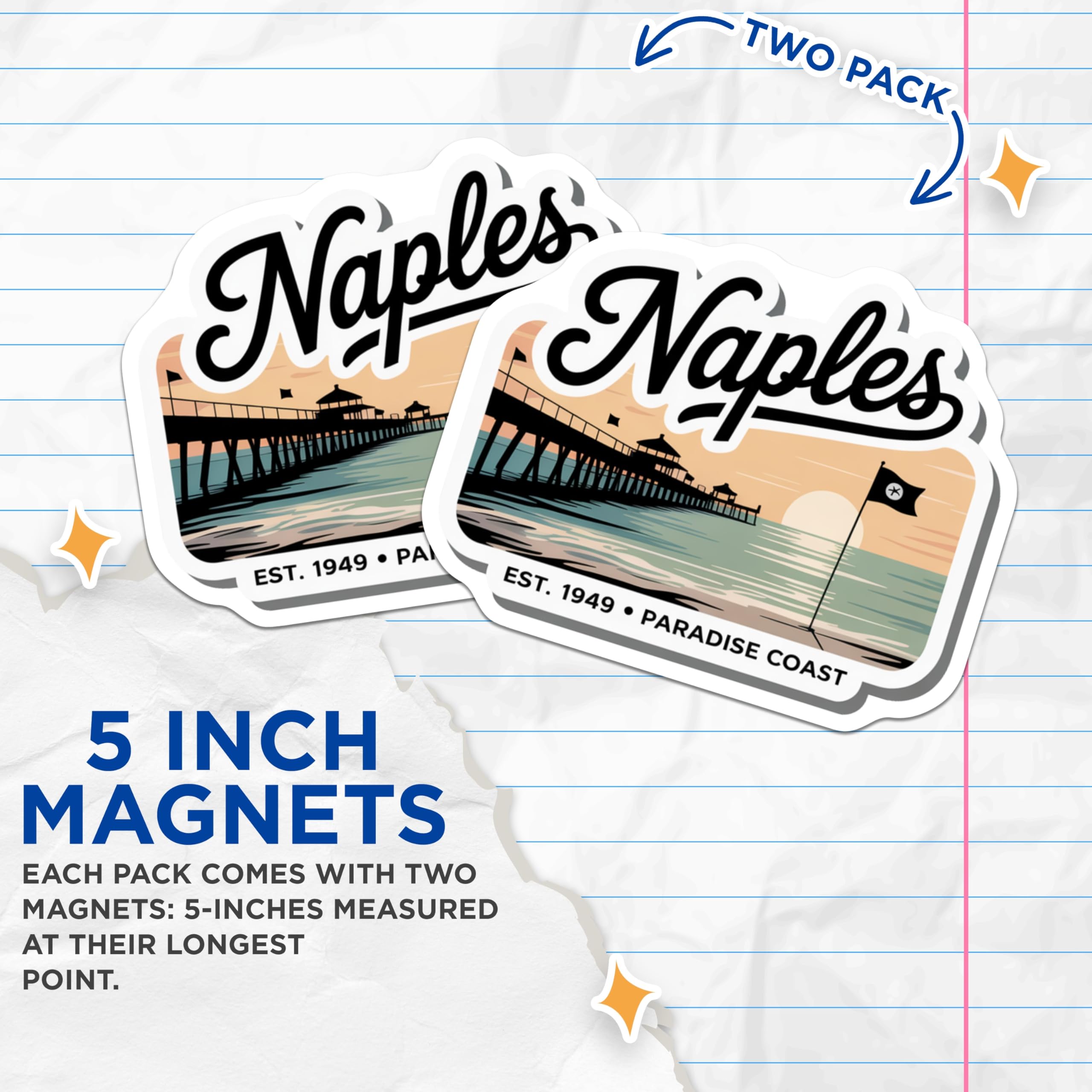 (2 Pack) Naples Florida Magnets - Paradise Coast Decor - Naples Pier Fridge Magnets - 5" On Longest Side - Premium Magnet - for Cars, Refrigerators, Toolboxes, Lockers - Made in USA - MAG17558