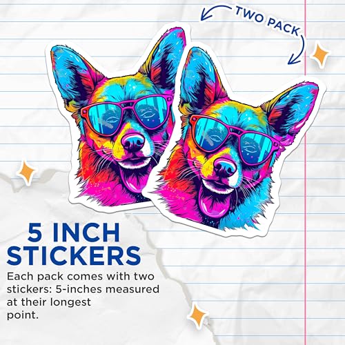(2 Pack) Vibrant Dog Stickers - Cool Animal Art - Neon Dog Poster Sticker Decals - Pet Lover Stickers - 5" On Longest Side - Sticks to Smooth Flat Surfaces - Made in USA - BMCS7232