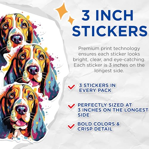 (3 Pack) Basset Hound Decals - Colorful Dog - Laptop Decal - 3 Inches On Longest Side - Easy Peel & Apply - Made in USA - 3MCS0641