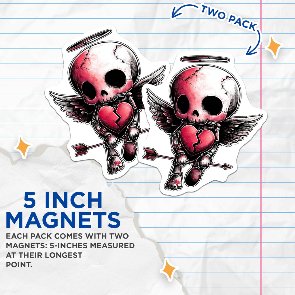 (2 Pack) Emo Cupid Skeleton Magnets - Broken Heart Skull Angel Decor - Gothic Kawaii Valentine Art - 5 Inches On Longest Side - Thick Durable Magnet - Made in USA - MAG22031