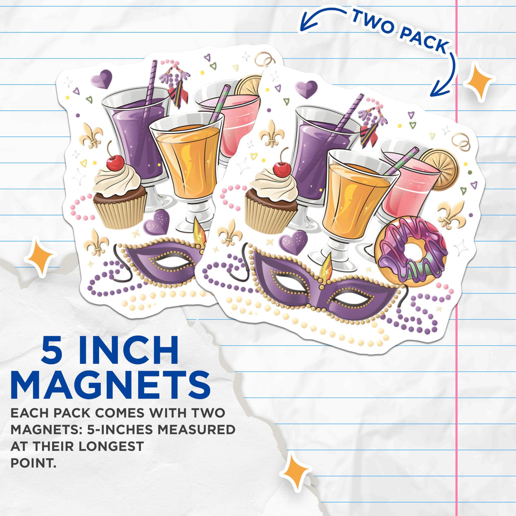 (2 Pack) Mardi Gras Magnets - Carnival Drinks - Masquerade Mask Decor - 5" On Longest Side - Premium Magnet - for Cars, Refrigerators, Toolboxes, Lockers - Made in USA - MAG14667
