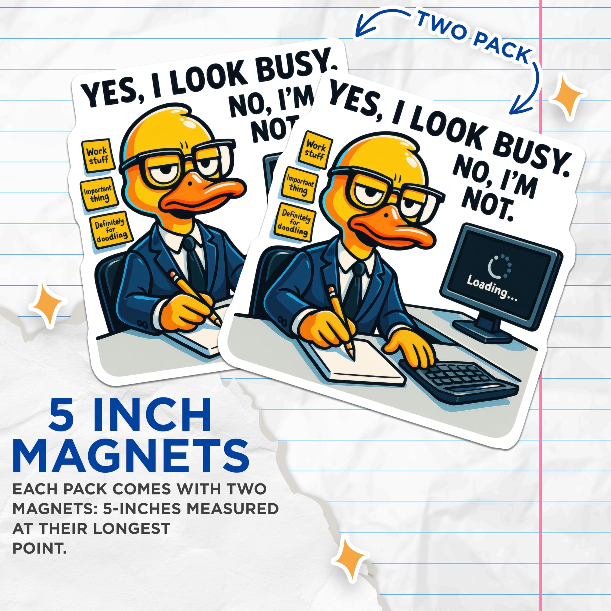 (2 Pack) Funny Office Magnets - Busy Duck Desk Decor - Procrastination Work Humor - 5 Inches On Longest Side - Thick Durable Magnet - Made in USA - MAG22309