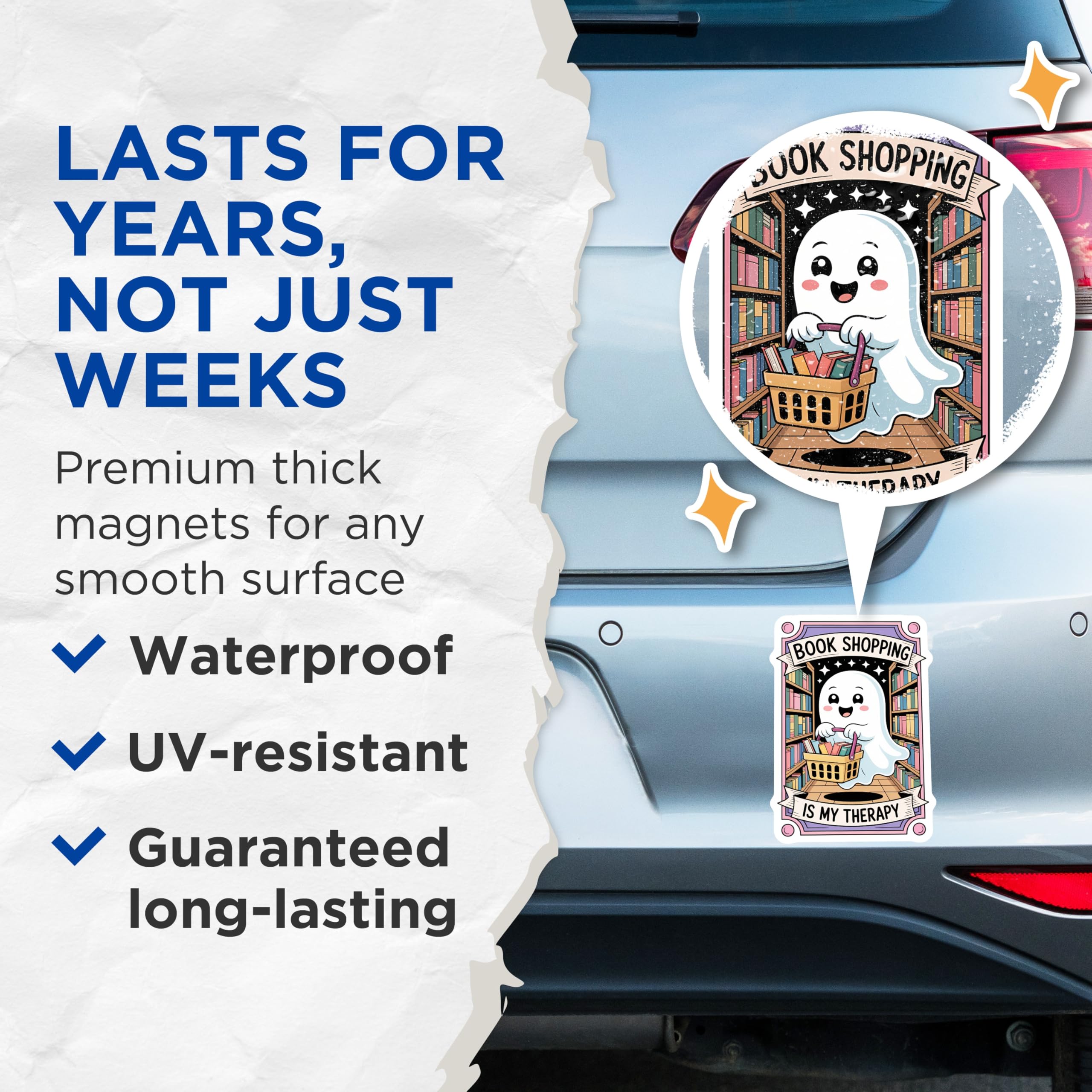 (2 Pack) Book Shopping Therapy Magnets - Cute Ghost Library Reader - Bookworm Bibliophile Decor - 5 Inches On Longest Side - Thick Durable Magnet - Made in USA - MAG22491