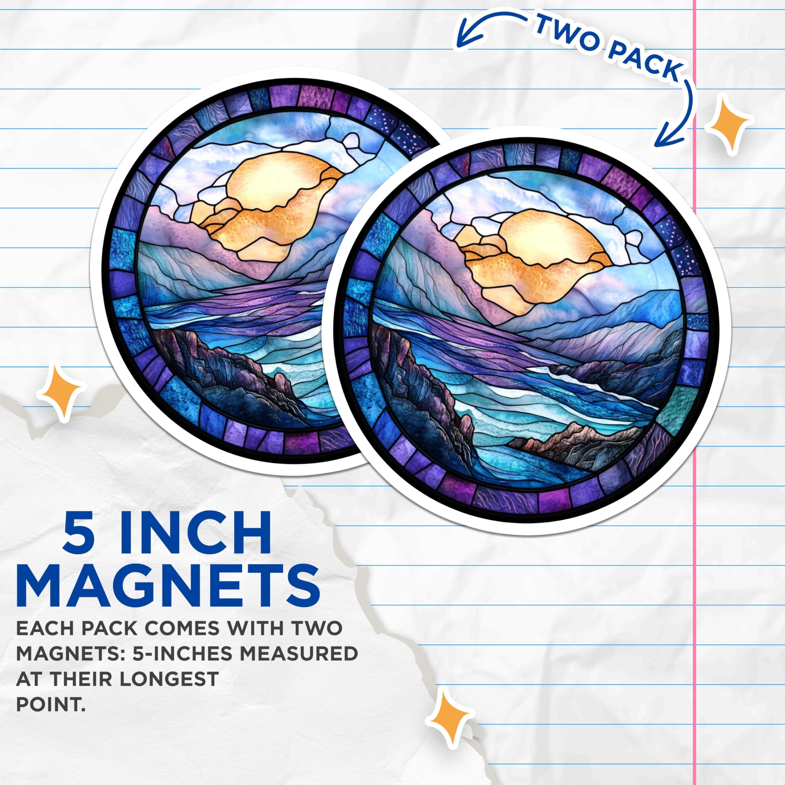 (2 Pack) Stained Glass Ocean Magnets - Sunset Landscape Scene - Vibrant Nature Refrigerator Accent - 5 Inches On Longest Side - Thick Durable Magnet - Made in USA - MAG25572