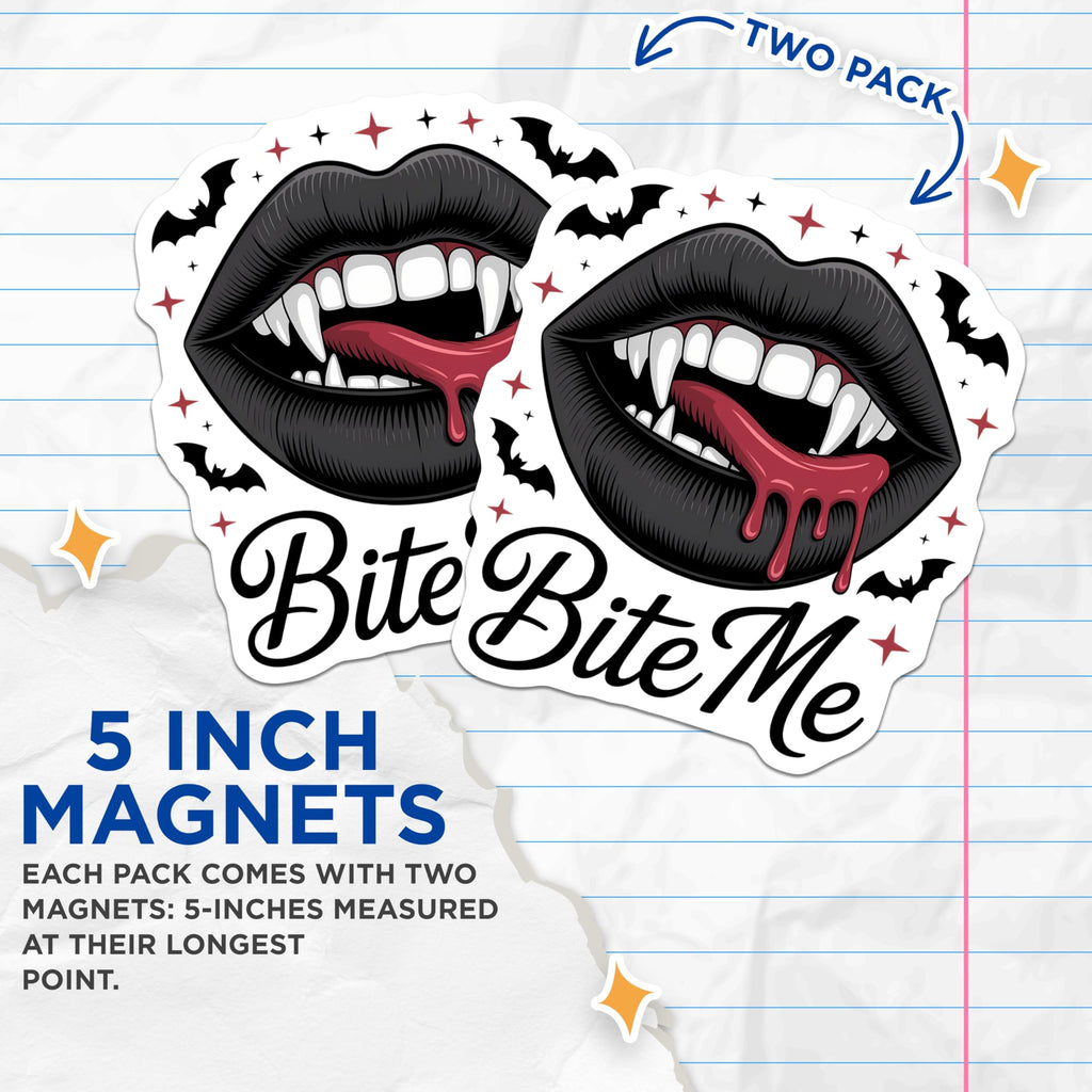 (2 Pack) Vampire Lips Magnets - Bite Me Fangs - Gothic Halloween Bat Decor - Spooky Kitchen Fridge Accessories - 5 Inches On Longest Side - Thick Durable Magnet - Made in USA - MAG22494